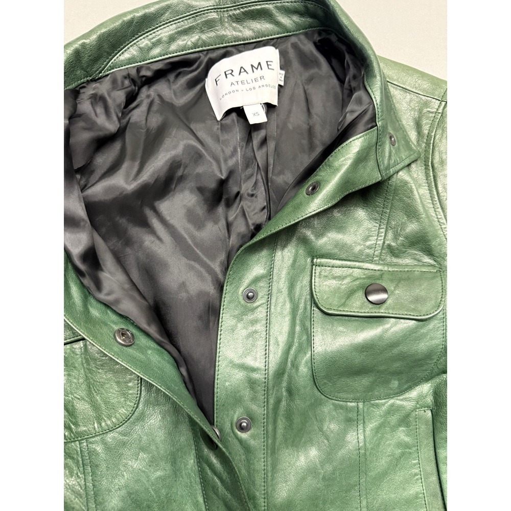 FRAME Atelier Green 100% Lamb Leather Trucker Jacket Snap Front Utility XS - Picture 12 of 12